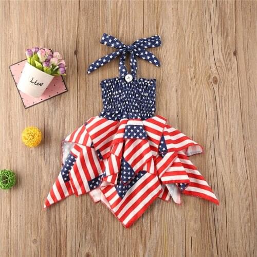 Baby Girls Independence Day Outfits Flag Stripe Stars Print Dress, Summer Halter Suspender Dress