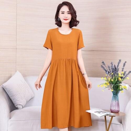 Summer Solid Short Sleeve Womans Dresses O-Neck Casual Dress for Female Basic High Waist Ladies A-Line Midi Dress with Pockets