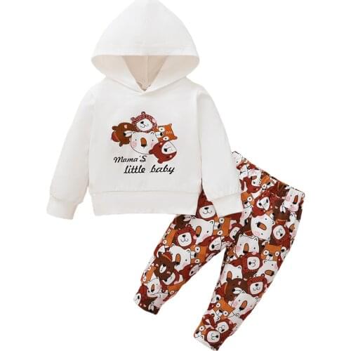 2 Pcs Newborn Casual Outfits, Baby Girls Animal & Letter Print Long Sleeve Hooded Sweater + Trousers