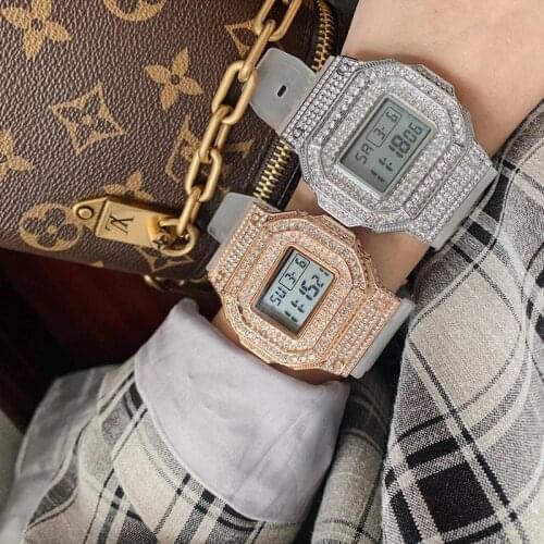 Transparent White Rubber Watches for Women Men Unisex Square Watches Shinning Crystals Digital Wrist watch Water Proof Relojes