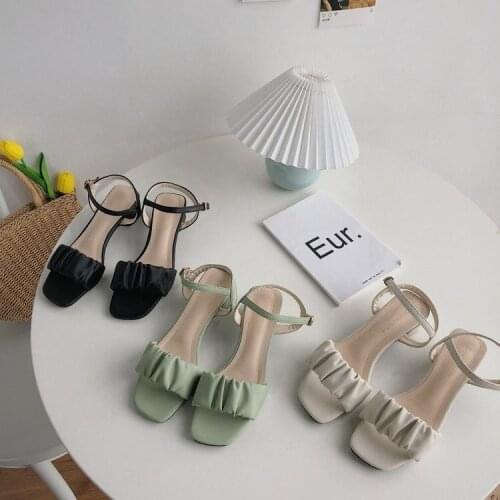 Thick heel sandals female summer new style fairy style Korean version of pleated word belt casual womens shoes high heels