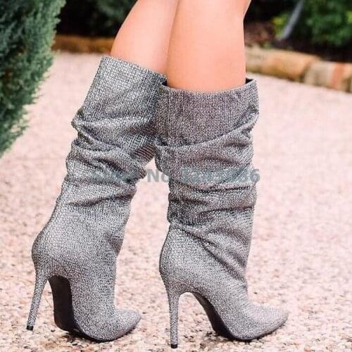 Pointed Toe Thin High Heel Boots Crystals Shimmer All Over A Slouchy Boot Bling Bling Rhinestone Pleated Mid-Calf Boots
