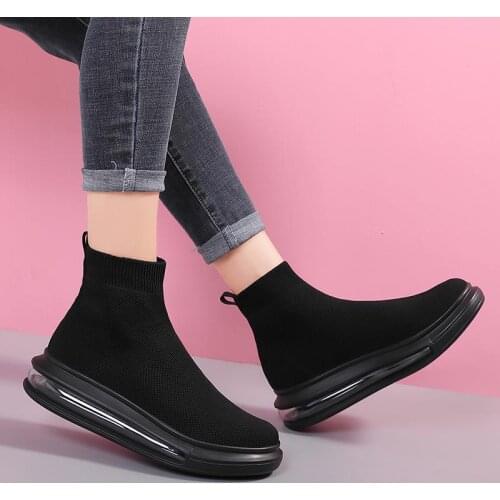 High-Top Stretch Sock Shoes Womens Pure Black Full Black Womens Work Shoes Air Cushion Soft Bottom Leisure Ladies Sports Work
