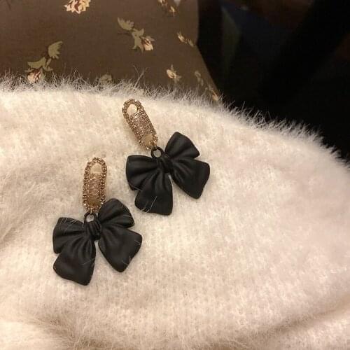 U-Magical French Vintage Crystal Rhinestone Red Black Bowknot Dangle Earrings for Women Leather Tie Earrings Jewelry Pendientes