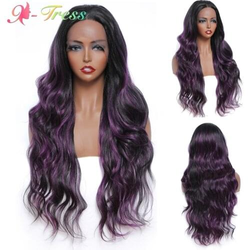X-TRESS Purple Black Highlight Wig Ombre Synthetic Lace Front Wigs for Women Long Wavy Hair Daily Cosplay Wigs Heat Resistant