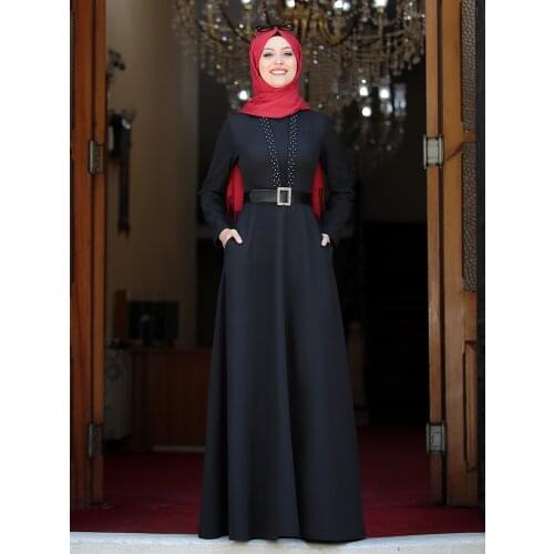 Women Evening Dress with Pearls Belt Islamic Muslim Clothing Long Flexible Plus Size Made in Turkey Arabic Dubai