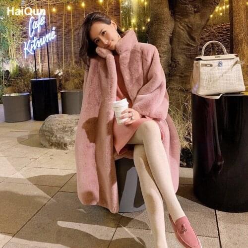 Womens Winter New Style Faux Fur Mink Imitation Velvet Coat Long Stand Collar Thick Loose Casual Warm Soft Outwear Pink Black