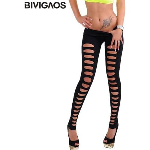 BIVIGAOS Fashion Hot Sale Womens Gothic Punk Candy Color Front Holes Sexy Low Waist Elastic Leggings Fitness Pants Pantalones