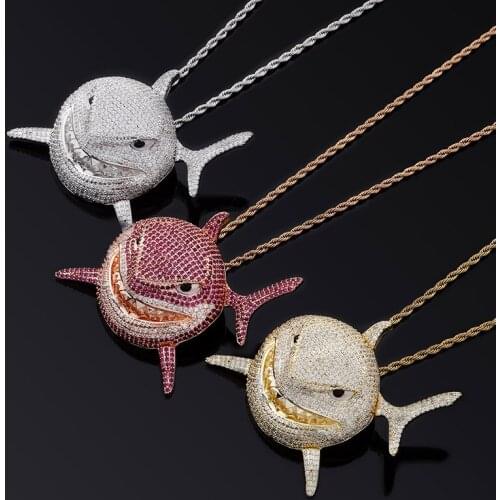 Large 6IX9INE Shark Pendant Iced Cubic Zirconia Pendant Necklace Fashion Jewelry Gift 14mm Cuban Chain Can Passable