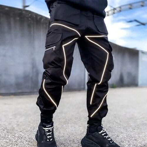 Pants Mens Jogging Pants with Reflective Strips Male Skinny Pencil Pants with Multiple Pockets Stacked Sweatpants Men