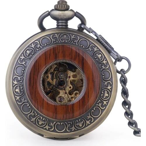 5pcs Steampunk Mechanical Pocket Watches Male Retro Wood Circle Men Pocket Watch Hand Vintage Fob Necklace Clock