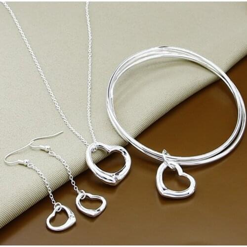 2019 New Silver 925 Jewelry Sets Love Heart Necklace Earrings Bracelet Set For Woman Valentines Day Gifts