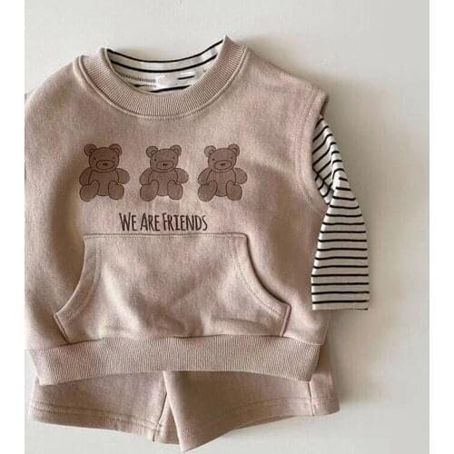 Spring Autumn New Baby Clothing Toddler Girls Korean Bear Vest Striped Blouse And Shorts 3Pcs Set Boys Suit 2468