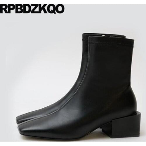 Genuine Leather Fur Short Black Boots Winter Fashion Ankle Luxury Brand Shoes Women Thick Chunky High Heel 2021 White Square Toe