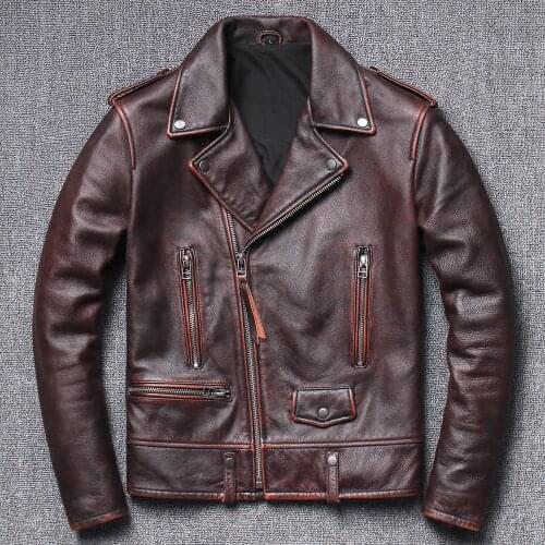 Genuine Leather Mens Motorcycle Leather Jacket Head Layer Cowhide Coat Diagonal Zipper Biker Jacket
