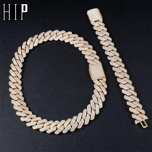 Hip Hop 19MM 3 Row Heavy Cuban Prong Bling Iced Out Box Buckle Gold Copper Setting AAA+ CZ 2Set Chain Bracelet For Men Jewelry