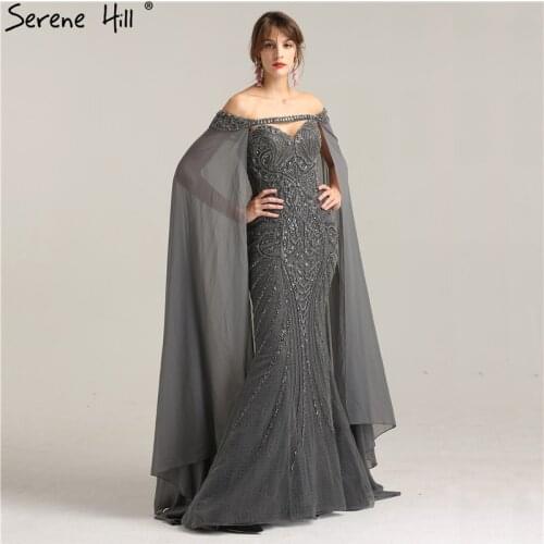 Grey Luxury Heavy Beading Evening Dress 2020 With Detachable Cap Diamond Beading Mermaid Formal Evening Dress LA6246