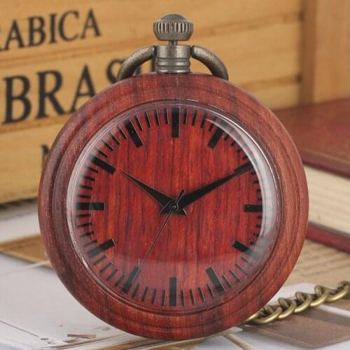 Vintage Red Wood Quartz Analog Pocket Watch Portable Standard Wooden Clock Chain Watch Collectibles Souvenir Gifts for Men Women