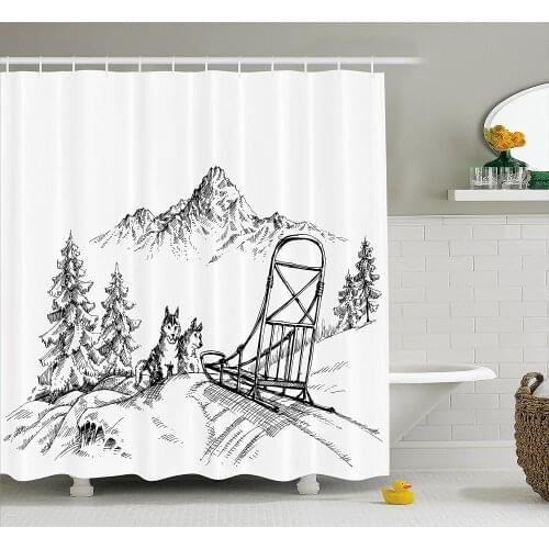 Alaskan Malamute Shower Curtains Mountain Landscape in Winter Sledding Dogs Pine Trees Wilderness Art Bathroom Curtain Bath Mat
