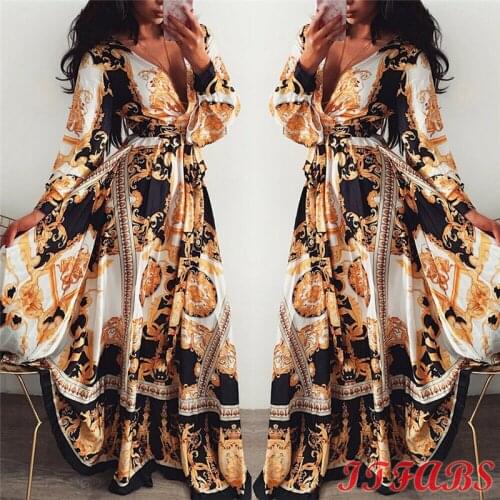 Retro Women Ladies Printed Long Dresses Long Sleeve V-neck Vintage Dress Party Gown High Waist Puff Sleeve Floor-Length Dresses