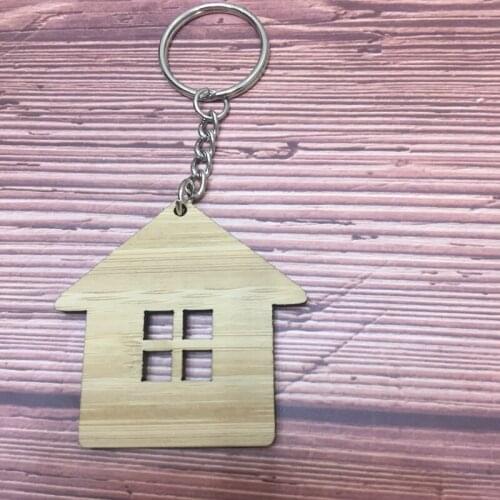 10pcs real bamboo house shape key tag wood keychain charm wooden key chain