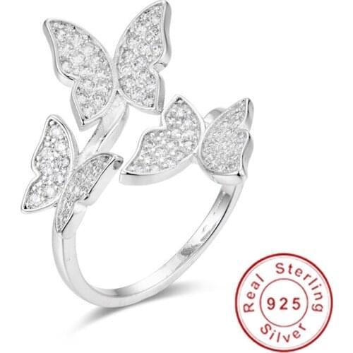 100% 925 sterling silver open butterfly rings delicalte minimal girl Women Christmas gift cute silver Resizable ring Jewelry