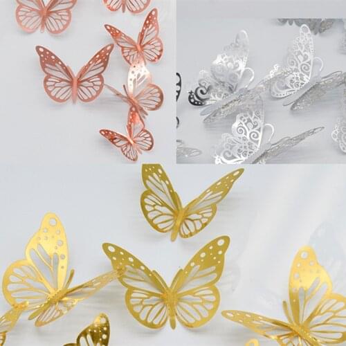 12pcs/set Rose gold 3D Hollow Butterfly Wall Sticker for Home Decor Butterflies stickers Room Decoration for Party Wedding Decor