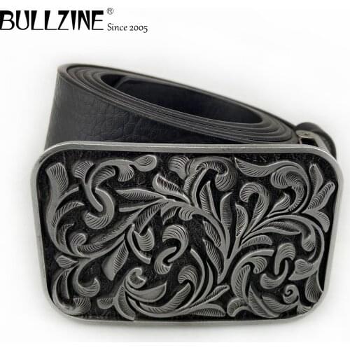Bullzine zinc alloy retro western flower Belt buckle jeans gift belt buckle free PU belt FP-03736-1 drop shipping