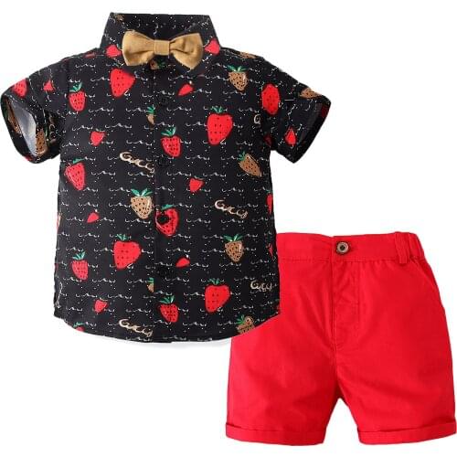 Kids Boys 2 Pieces Clothes Set Strawberry Print Short Sleeve Shirt with Bow Tie + Solid Color Shorts Summer Outfits for Toddler