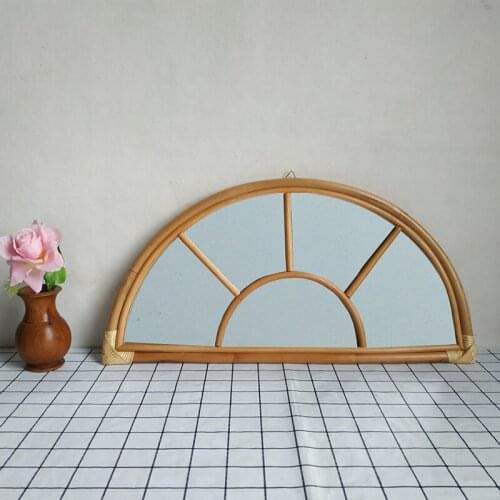 Home Decoration Rattan Semicircular Dressing Mirror Makeup Wall Mirrors for Entryways Washrooms