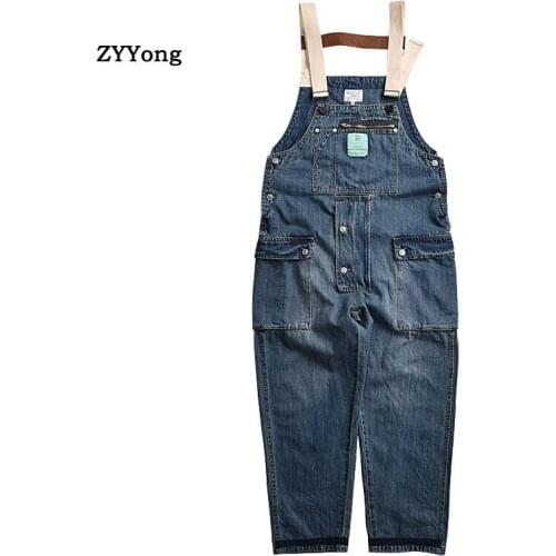 Men Denim Jumpsuit Bib Loose Large Size Jeans Vintage Freight Cargo Pants Overalls Suspender Leisure Blue Rompers Trousers
