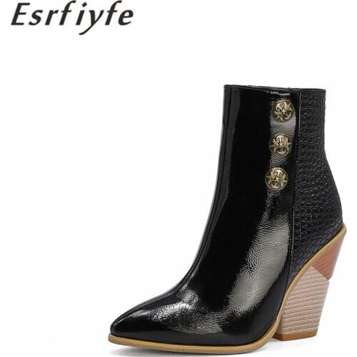 ESRFIYFE 2020 new Pointed Toe Boots Women Leather Wedge High Heel Ankle Boots Chunky Cowgirl Winter Boots Women Western Boots