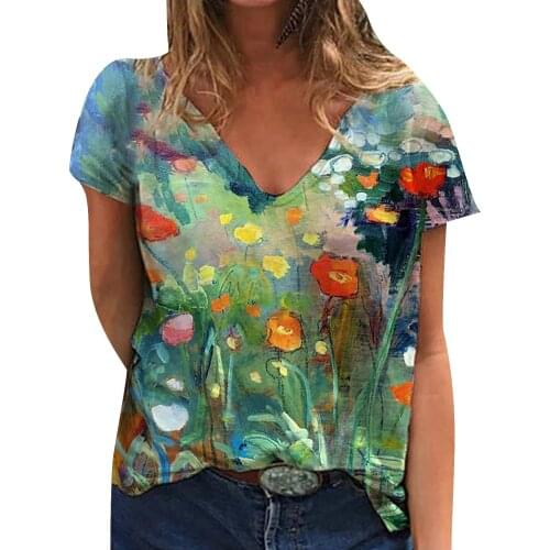 Flower Printed T Shirt Plus Size 5XL Women Short Sleeve V-Neck Tops Tee Harajuku Summer Casual T-Shirt Oversize mujer camisetas