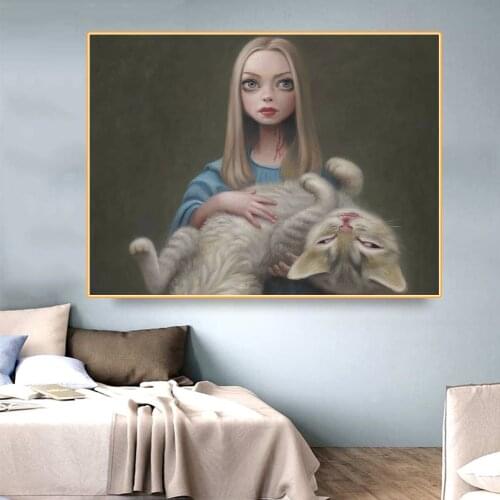 Citon Mark Ryden《Girl and cat》Canvas Art Oil painting Artwork Poster Picture Modern Wall Decor Home Living room Decoration
