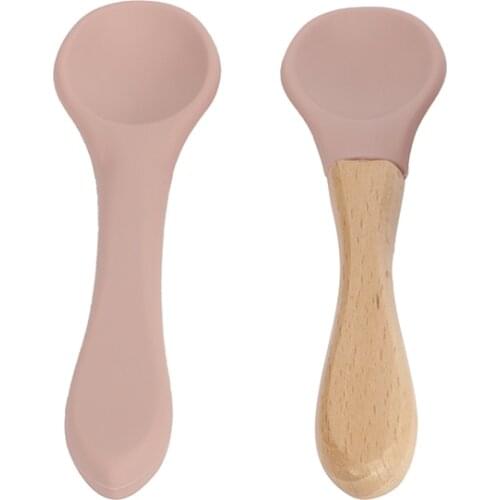 2PCS Baby Silicone Spoon Organic Wooden Material Baby Feeding Tableware BPA Free Infant Training Dinner Accessories Eco-friendly