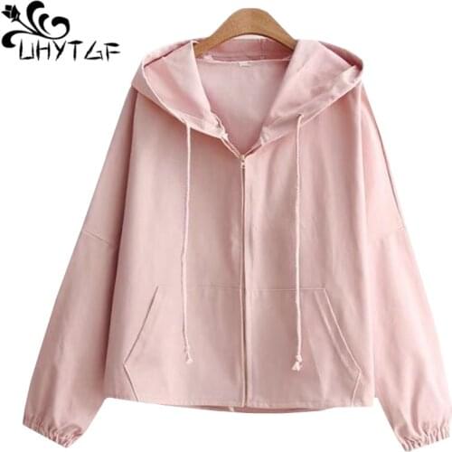 UHYTGF Womens Basic Jackets fashion Zipper Casual Long Sleeves short Coats Small fresh hooded student spring autumn jacket 681