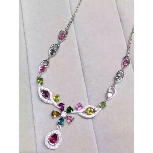 Natural multicolored tourmaline Pendant necklace S925 sterling silver Natural gem necklace Luxury flower female party jewelery