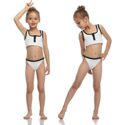 New Girls Two Piece Bikini Suit Split Swimsuit Beach Wear Fresh Solid Color Stitching Suspender Tops And Buckle Triangle Shorts
