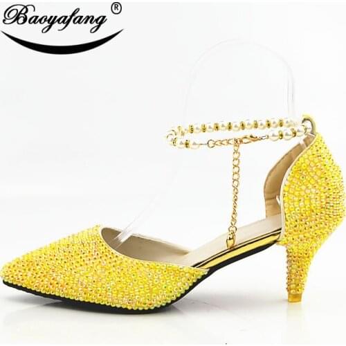 New arrival Pointed toe Womens wedding shoes 6cm woman crystal party dress shoes yellow royal fashion lace shoes