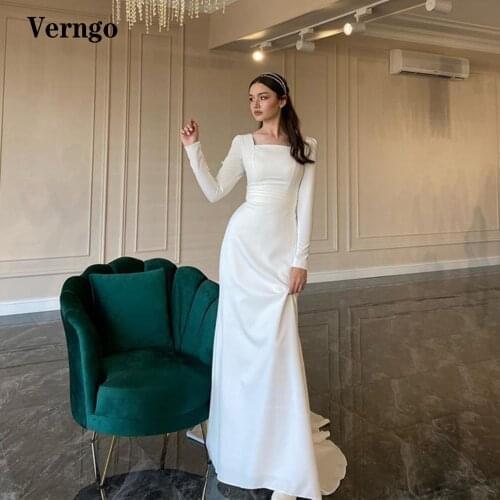 Verngo Simple Sheath Long Sleeves Wedding Dress Modest Square Neck Buttons Floor Length Elegant Women Bride Formal Dresses
