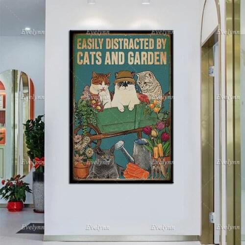 Gardener Gardening Cat Lovers Easily Distracted By Cats And Garden Retro Poster Home Living Decor Prints Wall Art Canvas Gift
