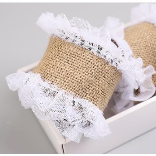 2Meters Natural Jute Burlap Hessian Ribbon with White Lace Decoration for Rustic Vintage Wedding Decoration DIY Crafts Supplies