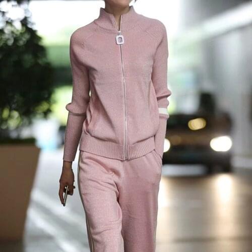 2020 winter Silk and cotton Knitted warm Suit High Collar bling bling Sweater + elastic waist Trousers Leisure Two-piece wj1067