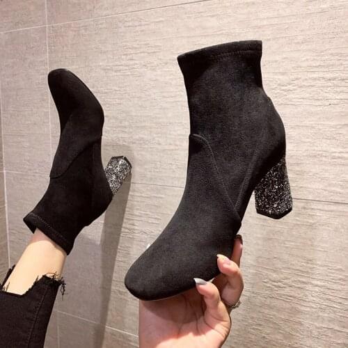 Women Boots British style flock velvet stretch boots casual fashion internal leather European and American all match