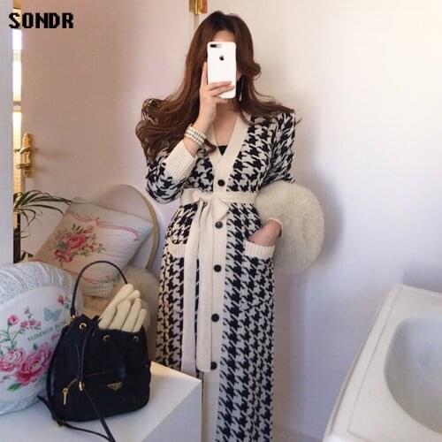 Korean One-Piece Female Cardigan Sweater Autumn Winter V-Neck Houndstooth Single-Breasted Lace-Up Knitted Sweater Long Jacket