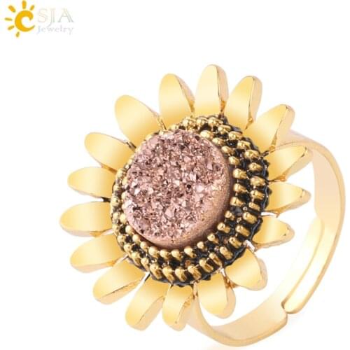 CSJA Natural Stone Druzy Rings for Girls Lady 2019 Gold Color Alloy Sunflower Flower Adjustable Ring Trendy Wedding Jewelry F761