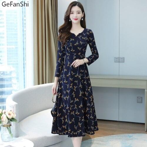 Women Autumn Winter Vintage Print V-Neck Slim Chiffon Long Sleeve Dress Fashion Casual Elegant Lady Dresses For Woman