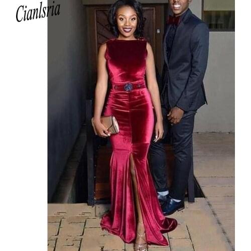 2021 Sexy Mermaid Evening Dress Burgundy Velvet Backless Side Slit Prom Dress Custom Made
