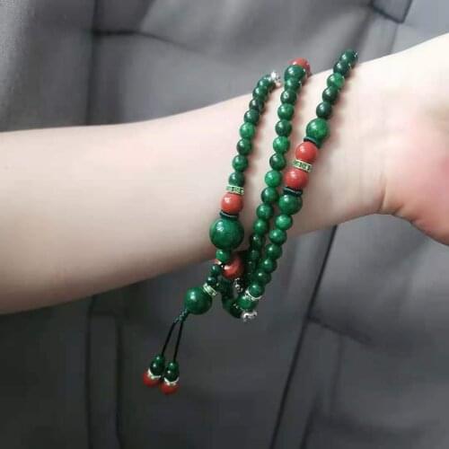 1Pcs Wholesale Retail Natural Jade Green Bead Bracelet Rosary Necklace Red Agate Tibetan Silver Flower Mans Womans Jewelry