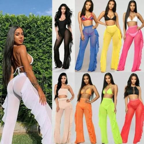 2021 Sheer Mesh See Through Sexy Long Pants Beach Bikini Cover Up Trousers Ladies Ruffle Transparent Pants Swimwear Summer